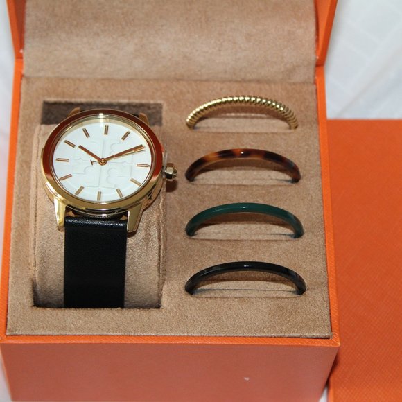 NIB TORY BURCH GIGI GOLD CASE BLACK LEATHER WATCH TOP RINGS GIFT SET TBW2018